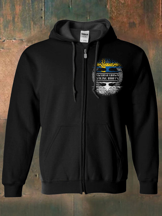 Men's Swedish flag printed hooded long-sleeved zip-up sweatshirt