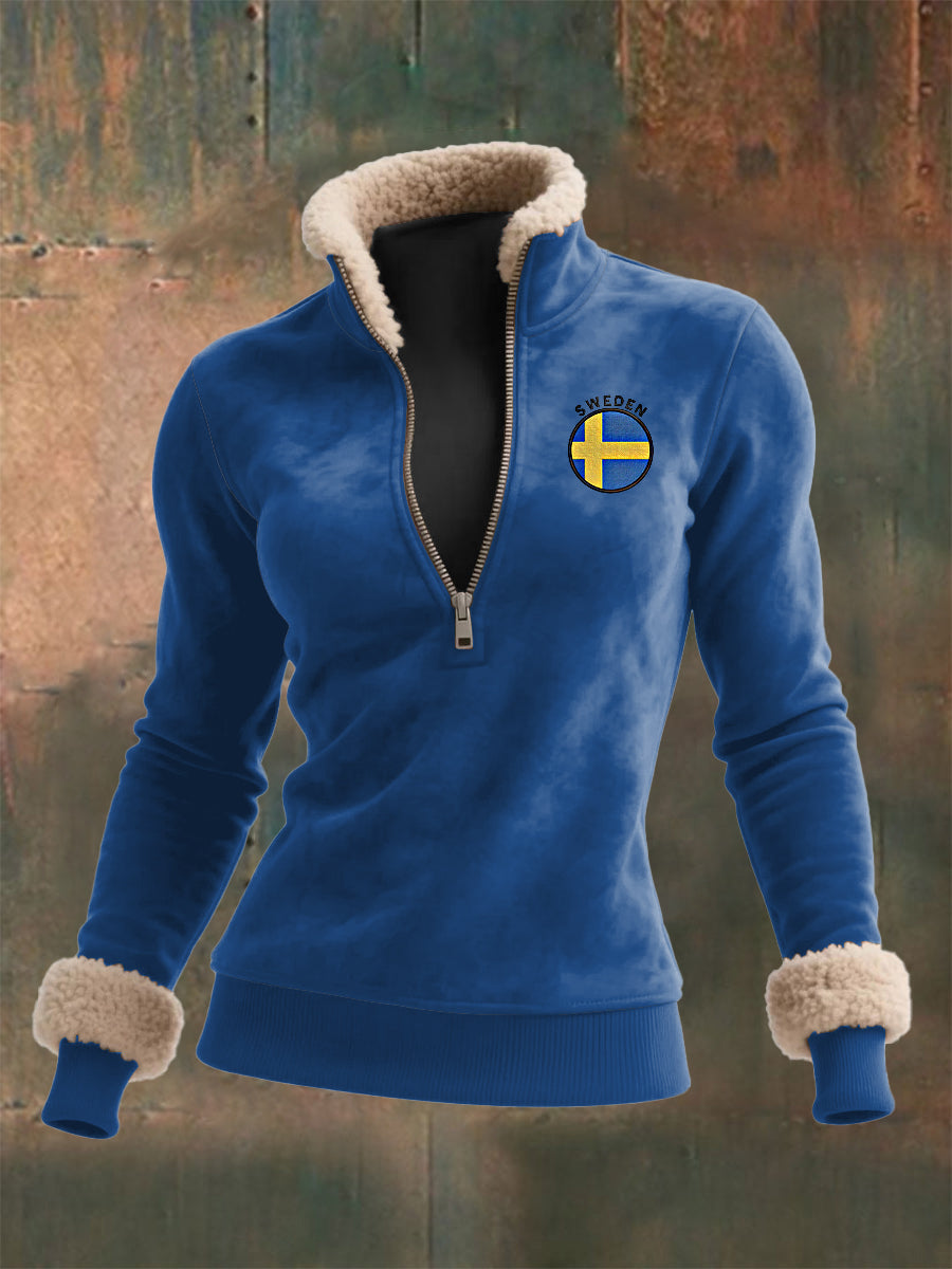 Kvinnor svensk flagga tryck långärmade lamm hår topp