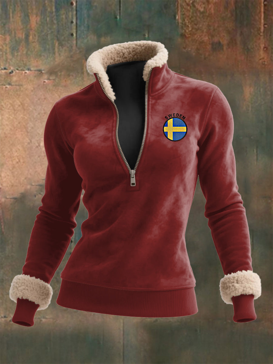 Kvinnor svensk flagga tryck långärmade lamm hår topp