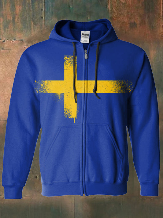 Mænds svenske flag trykt hætteløjt, langærmet lynlås sweatshirt