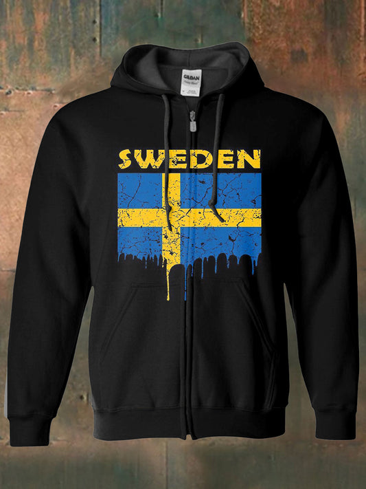 Mäns svenska flagga tryckckt Hooded långärmad blixtlås sweatshirt