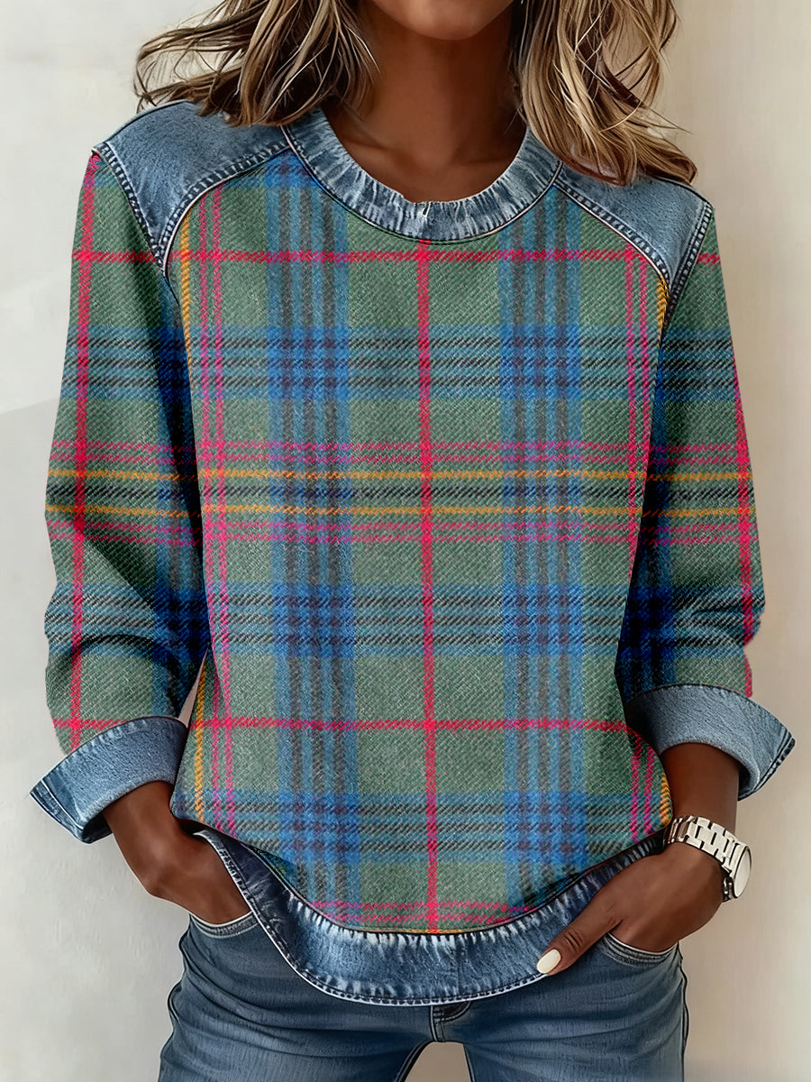 Kvinders vintage plaid mønster denim patchwork sweatshirt