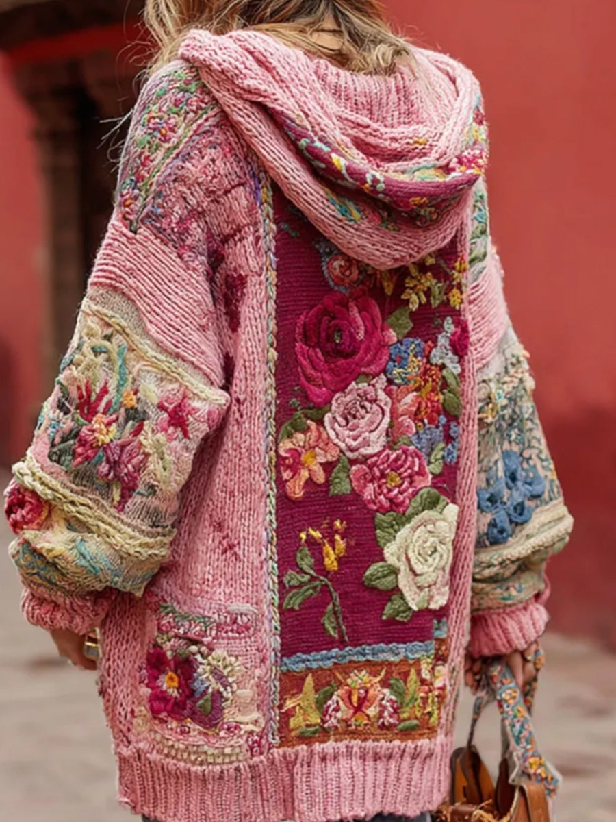 Kvinders brystkræftbevidsthed blomsterknap cardigan med hætte