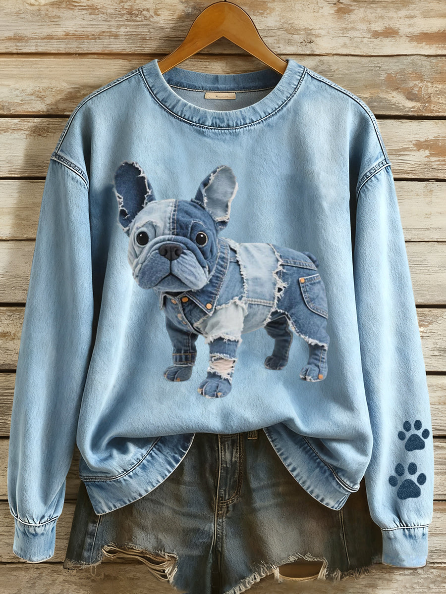 Kvinders patchwork kunst fransk bulldog mønster sweatshirt