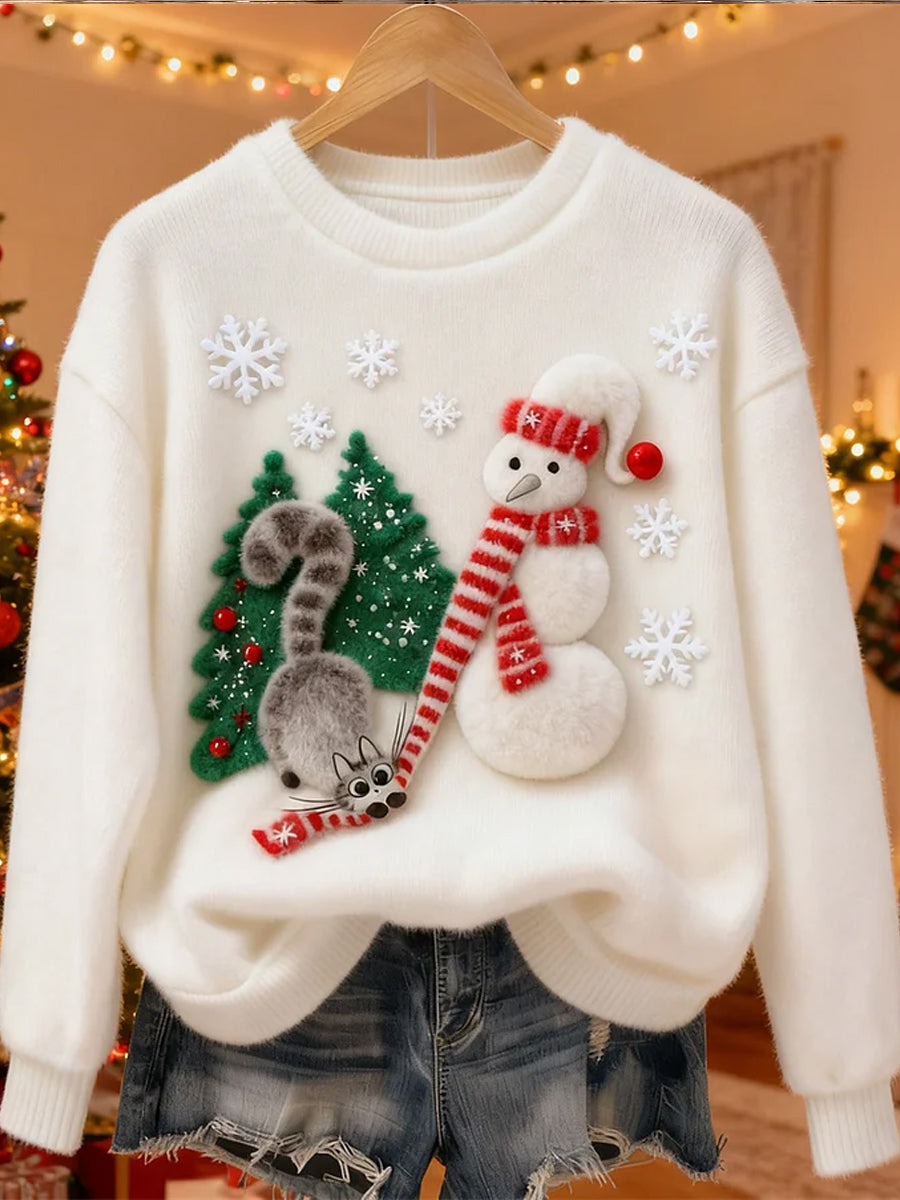 Kvinders søde jul kat snemand Art Print Casual Flannel