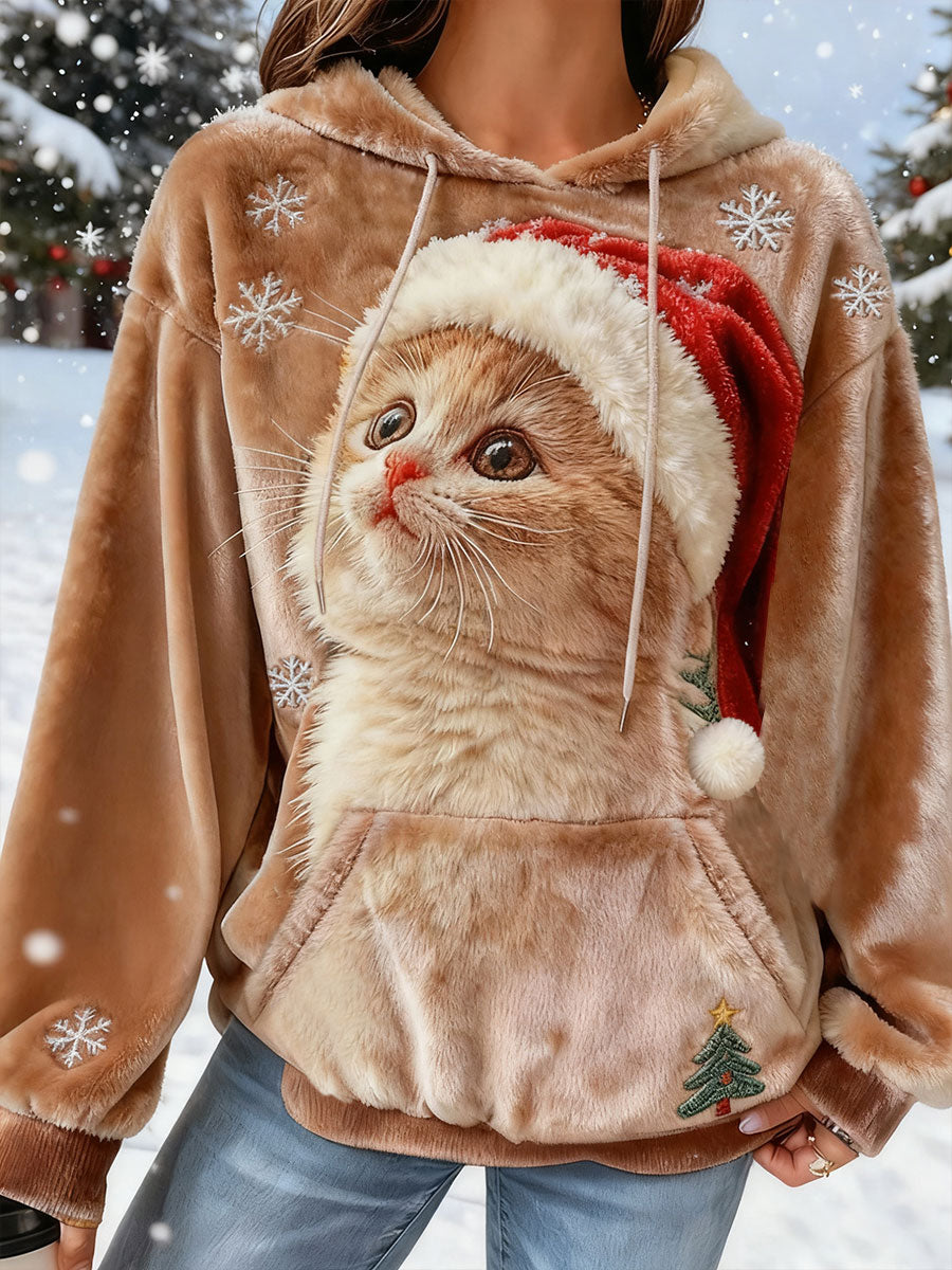 Kvinders søde jul kat kunst Print Casual Flannel Sweatshirt