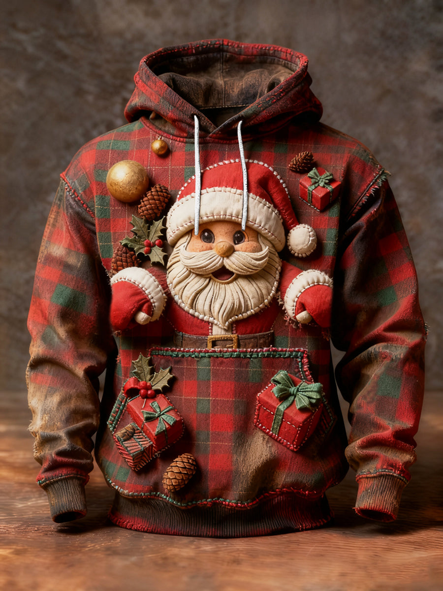 Retro jul Santa Plaid Casual Hoodies