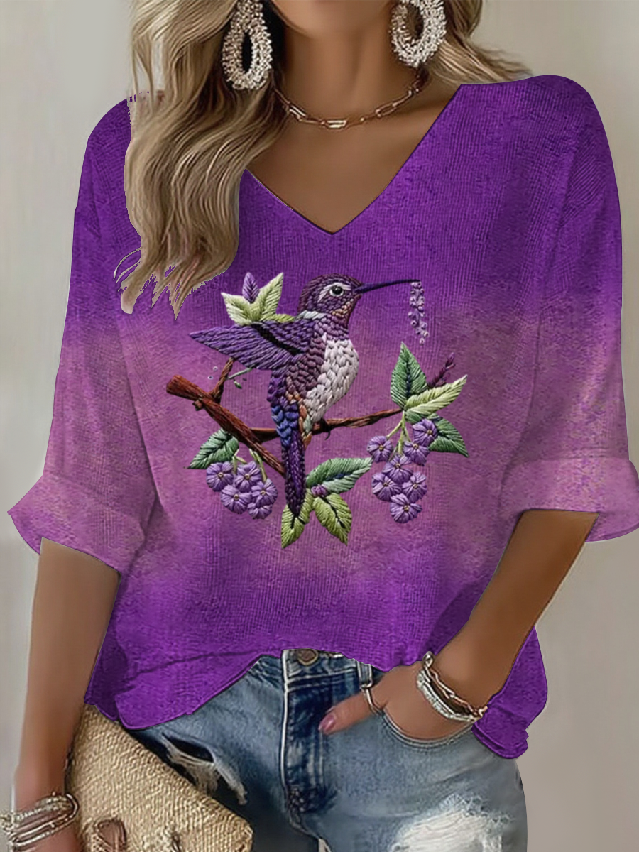 Kvinders lilla gradient Hummingbird blomster Print Waffle T-shirt