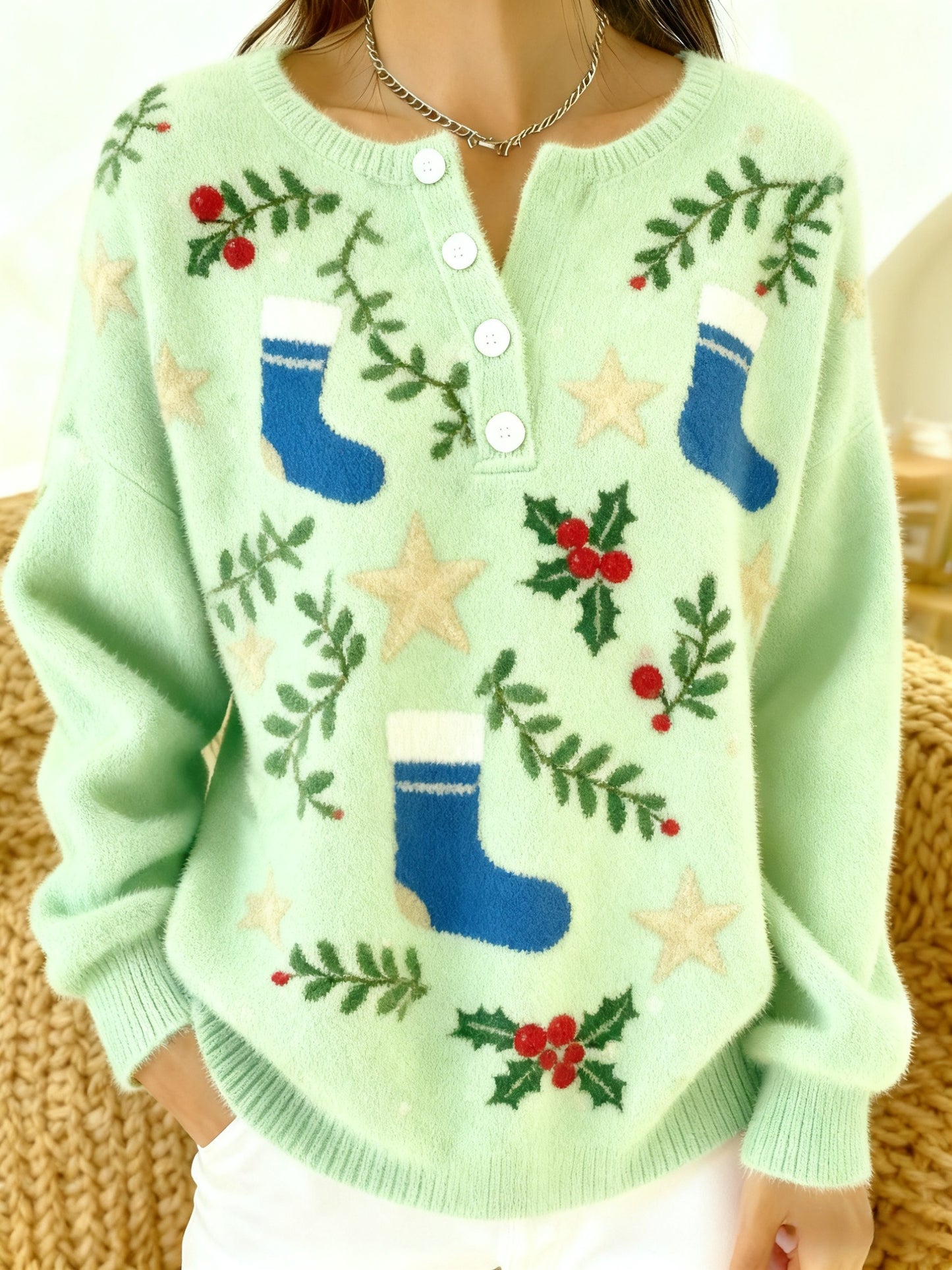 Kvindernes Vintage jul blomster sokker Print Langærme Sweater.