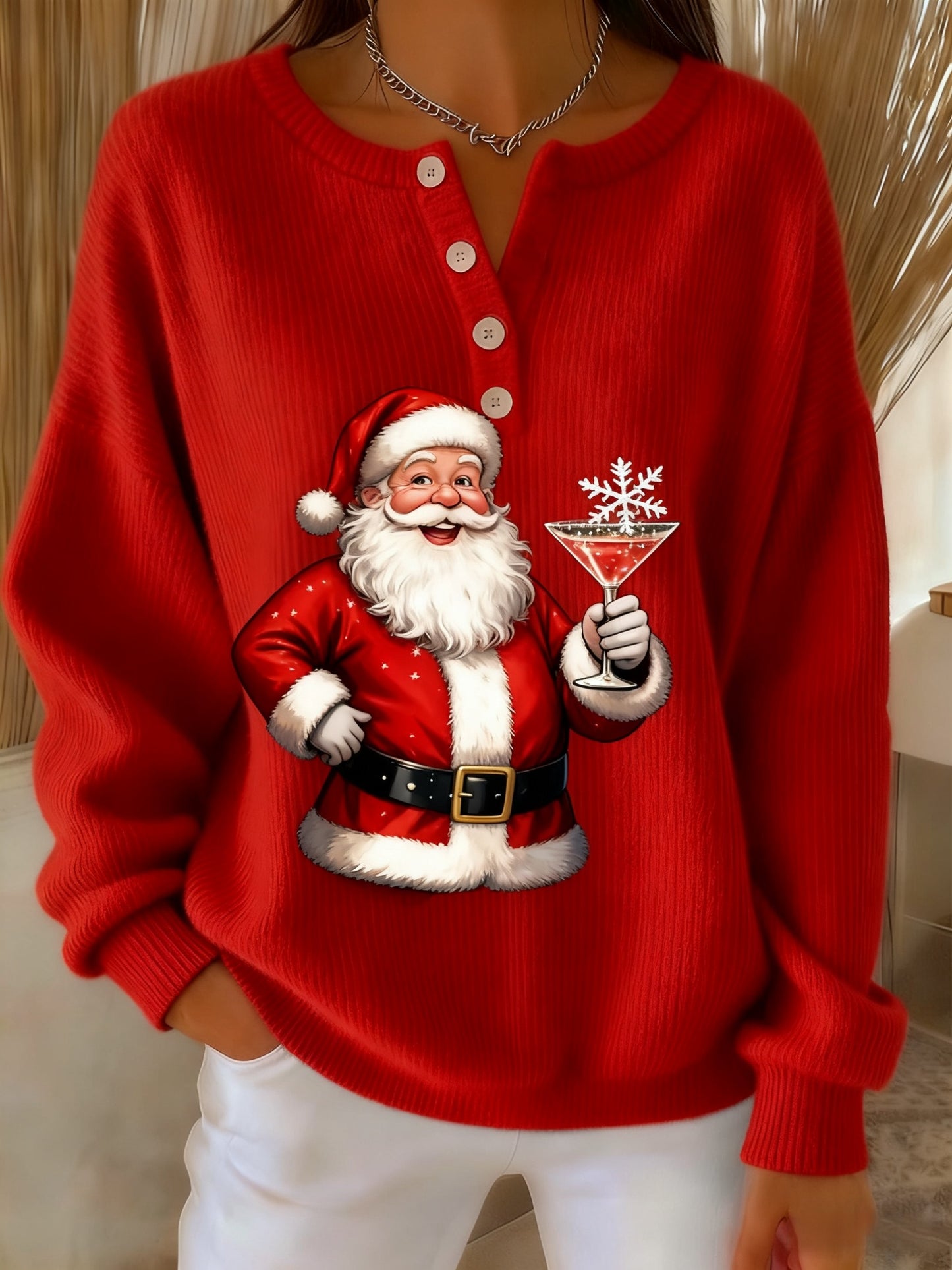 Kvinders Retro Jule Santa Claus cocktail Print Langærme Sweater Tryk