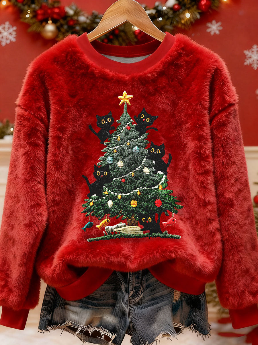 Kvinders juletræ kat kunst print Casual Sweatshirt