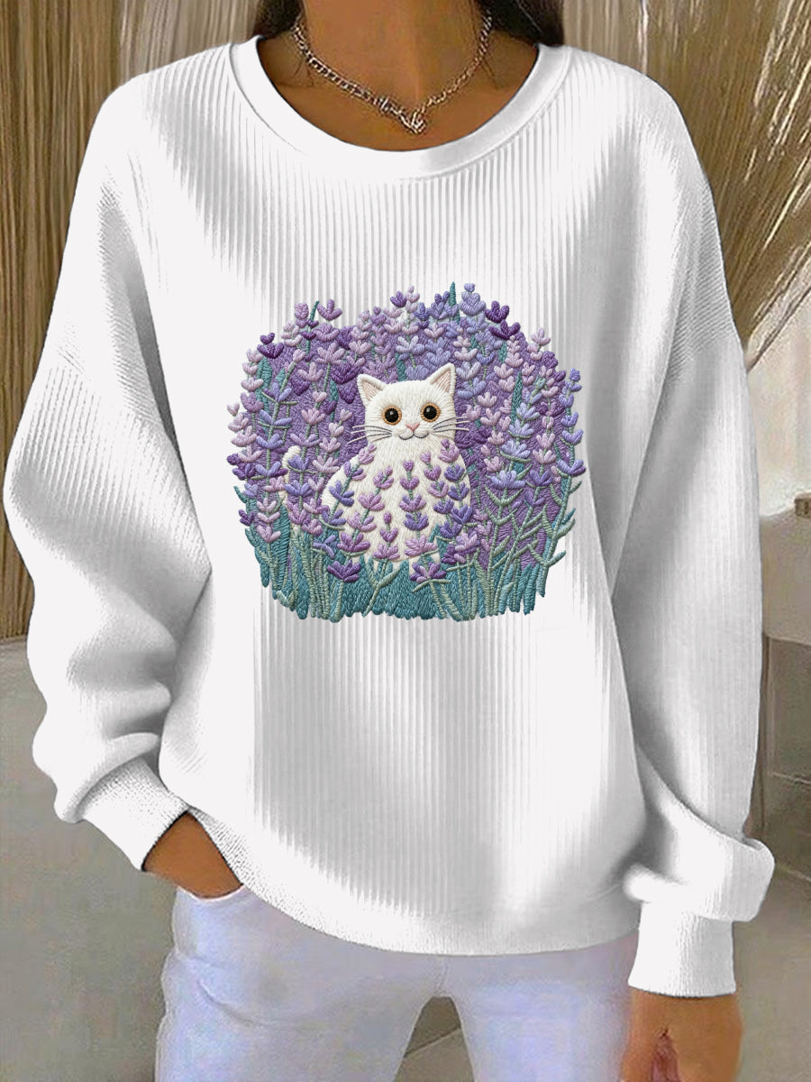 Kvinders lilla kat blomster Print Casual Sweatshirt