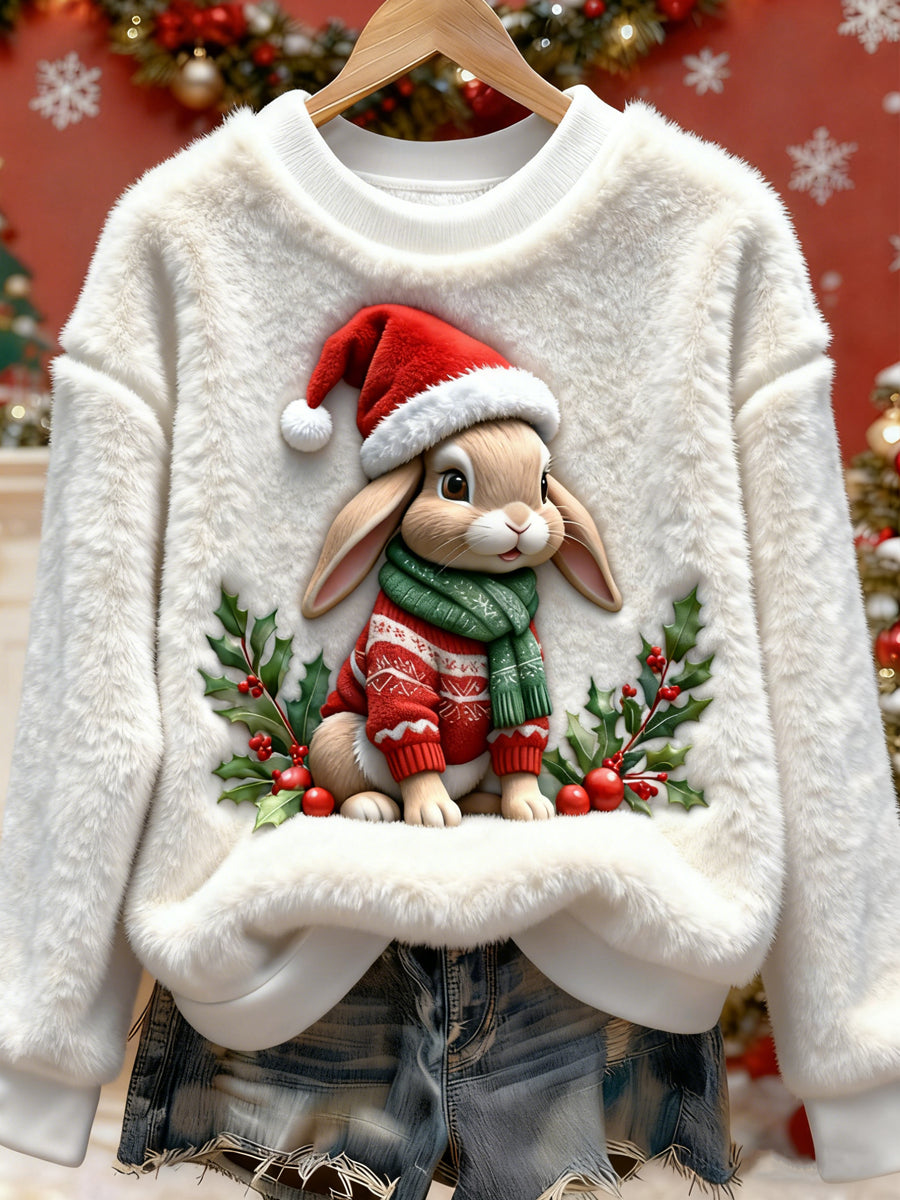 Kvinders jul søde kæledyr trykket lang ærmet rund hals Plush Sweatshirt