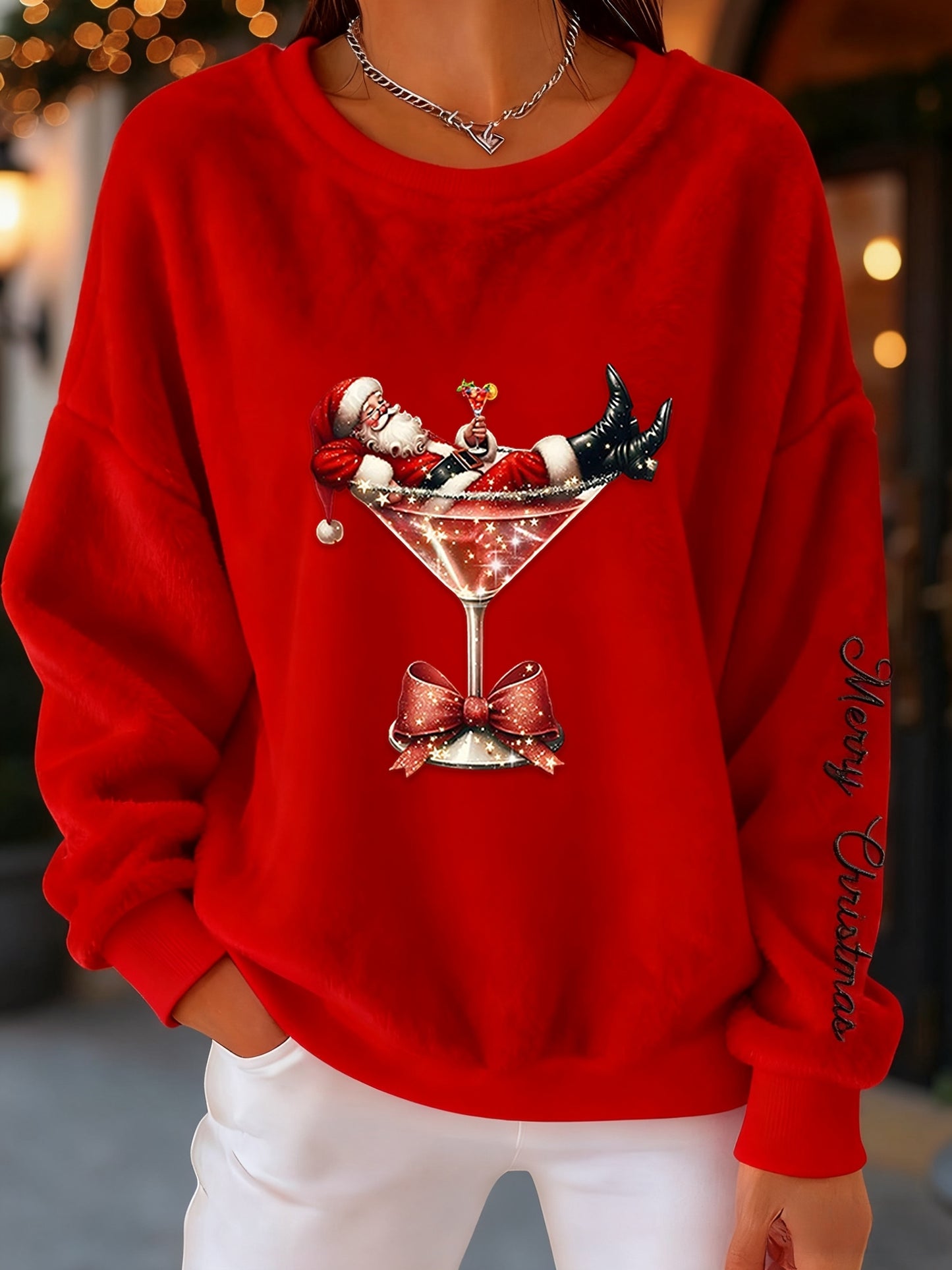 Retro Christmas Santa Claus Cocktail Print Komfortabel Flannel Sweatshirt