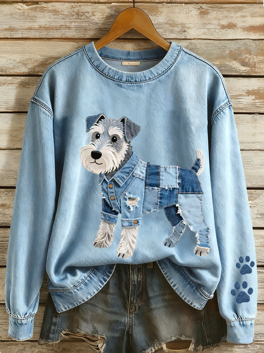 Kvinders Denim Patchwork kunst Schnauzer hunde mønster sweatshirt
