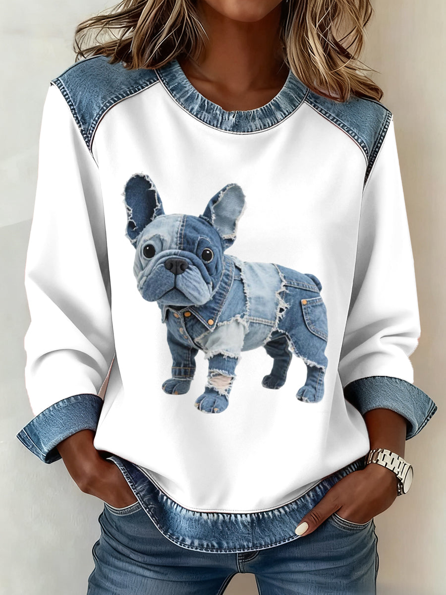 Kvinders Denim Patchwork Art Fransk Bulldog mønster sweatshirt