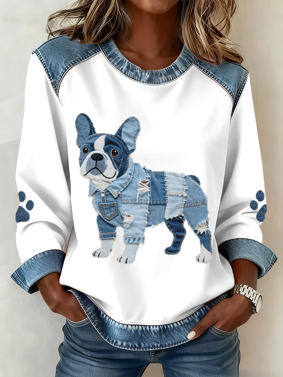 Kvinders franske Bulldog Mønster Denim Patchwork kunst sweatshirt
