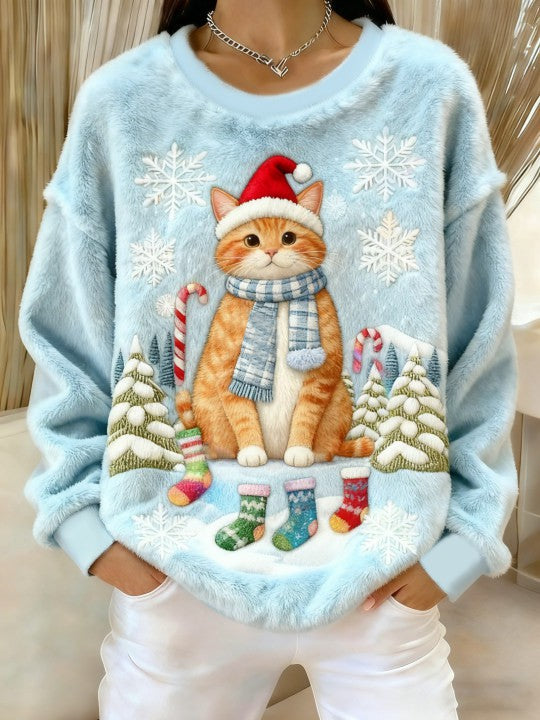 Kvinders Vintage Christmas Cat Printed Flannel Sweatshirt