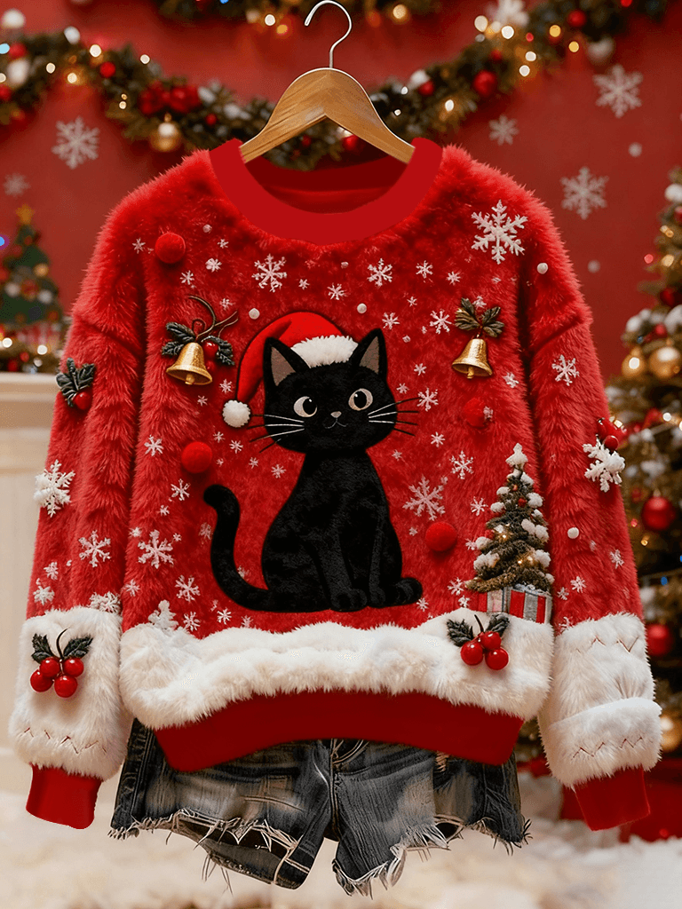 Kvinders Vintage Christmas Black Cat Printed Flannel Sweatshirt