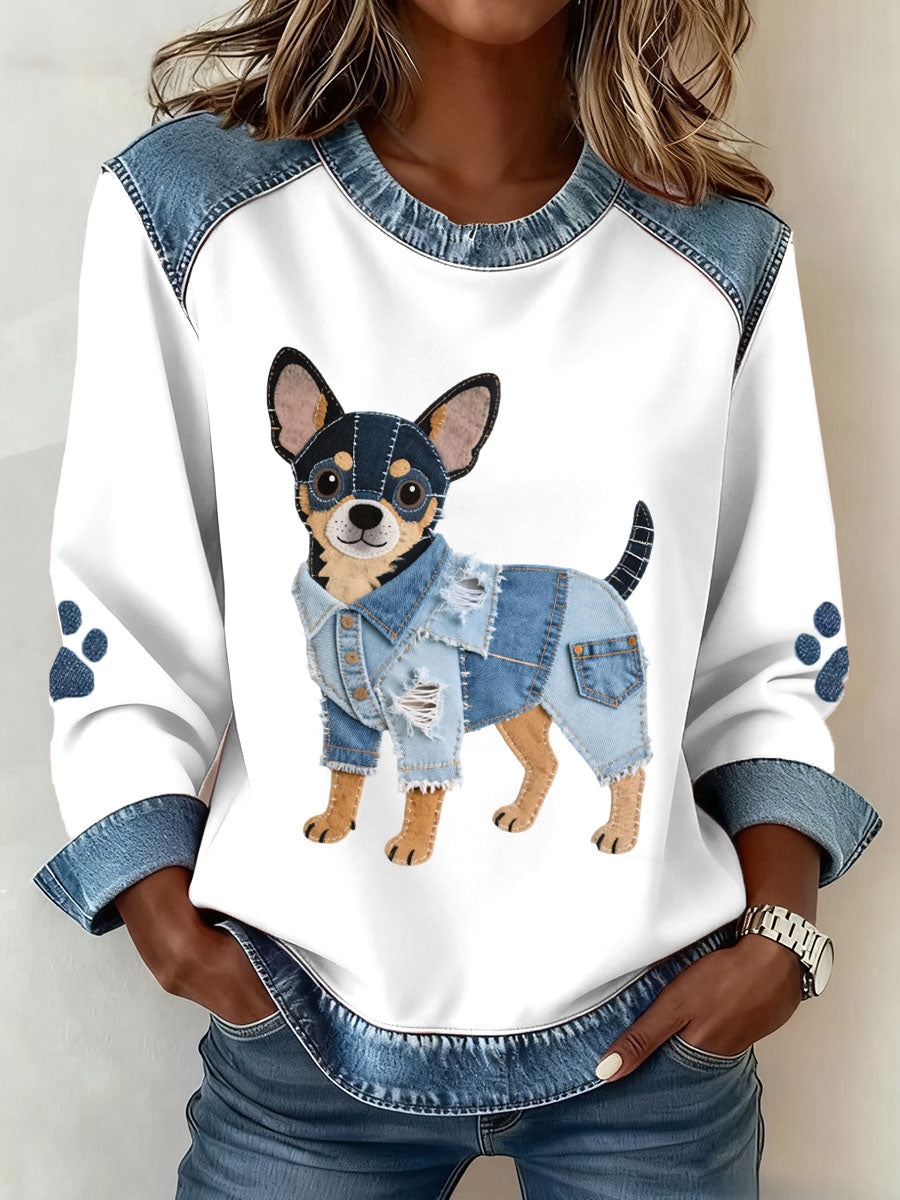 Kvinders dejlige Chihuahua hunde mønster Denim Patchwork kunst sweatshirt