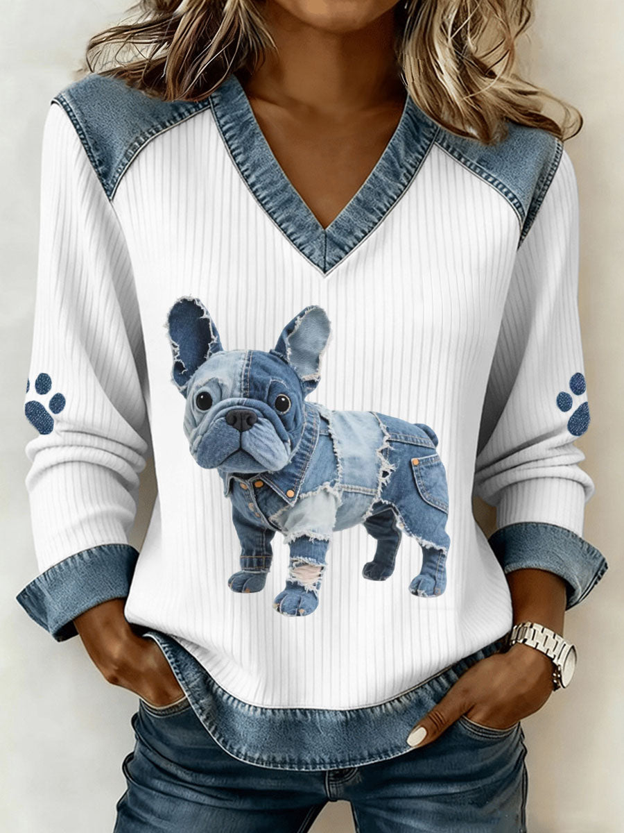 Kvinders franske Bulldog Mønster Denim Patchwork Art V-hals topp
