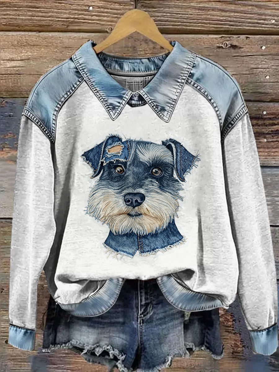 Kvinders dyr trykket Denim Patchwork Lapel Langærmet Sweatshirt