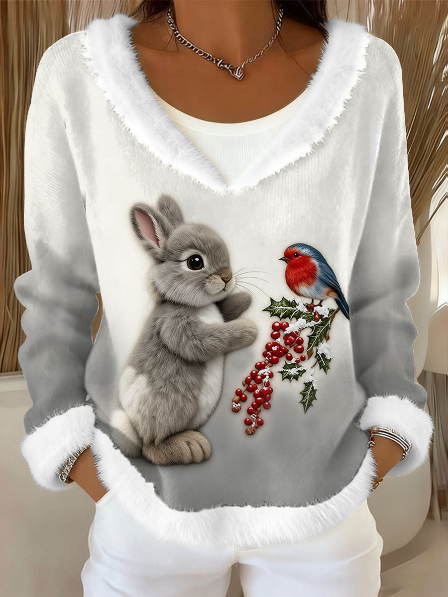 Kvinders Jul Bunny Print Fleece-Lined Toppe