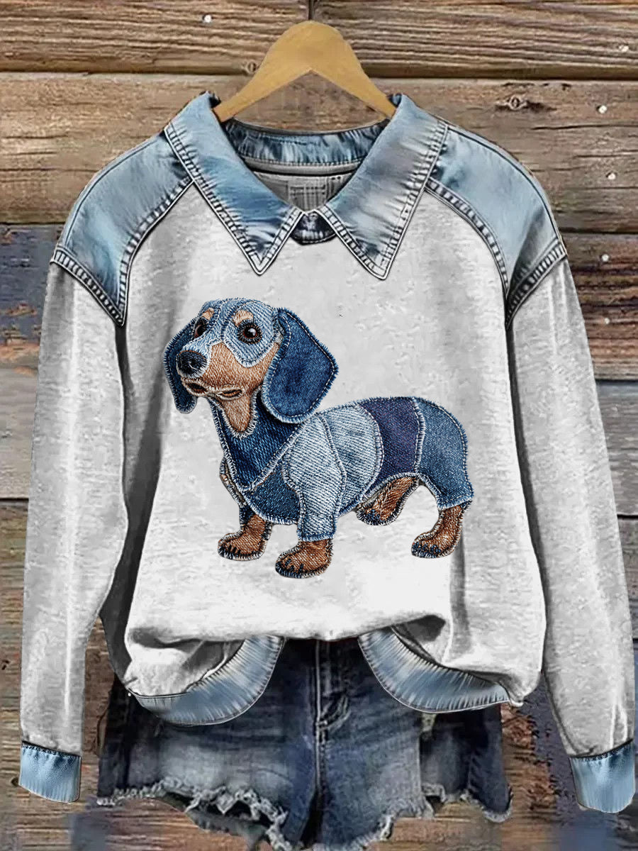 Kvinders dyr Print Patchwork Lapel Lang ærmet sweatshirt