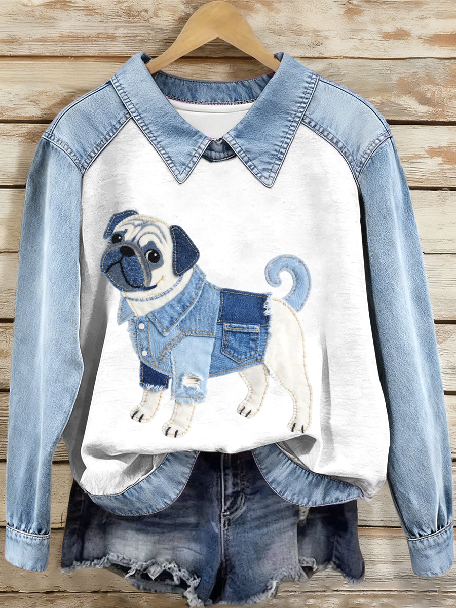 Kvinders Denim Patchwork Pug hund mønster sweetshirt