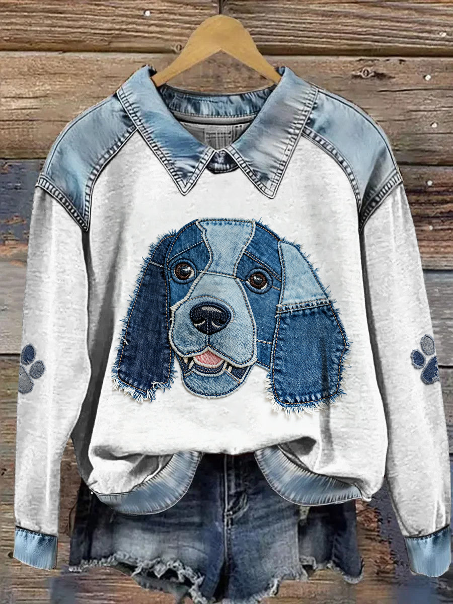 Kvinders dyr Print Patchwork Lapel Lang ærmet sweatshirt