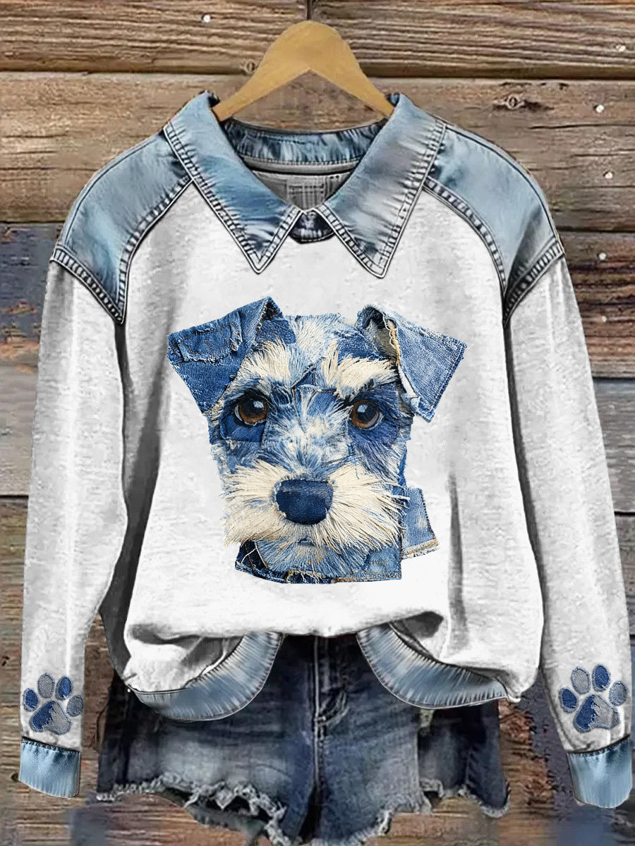 Kvinders dyr Print Patchwork Lapel Lang ærmet sweatshirt