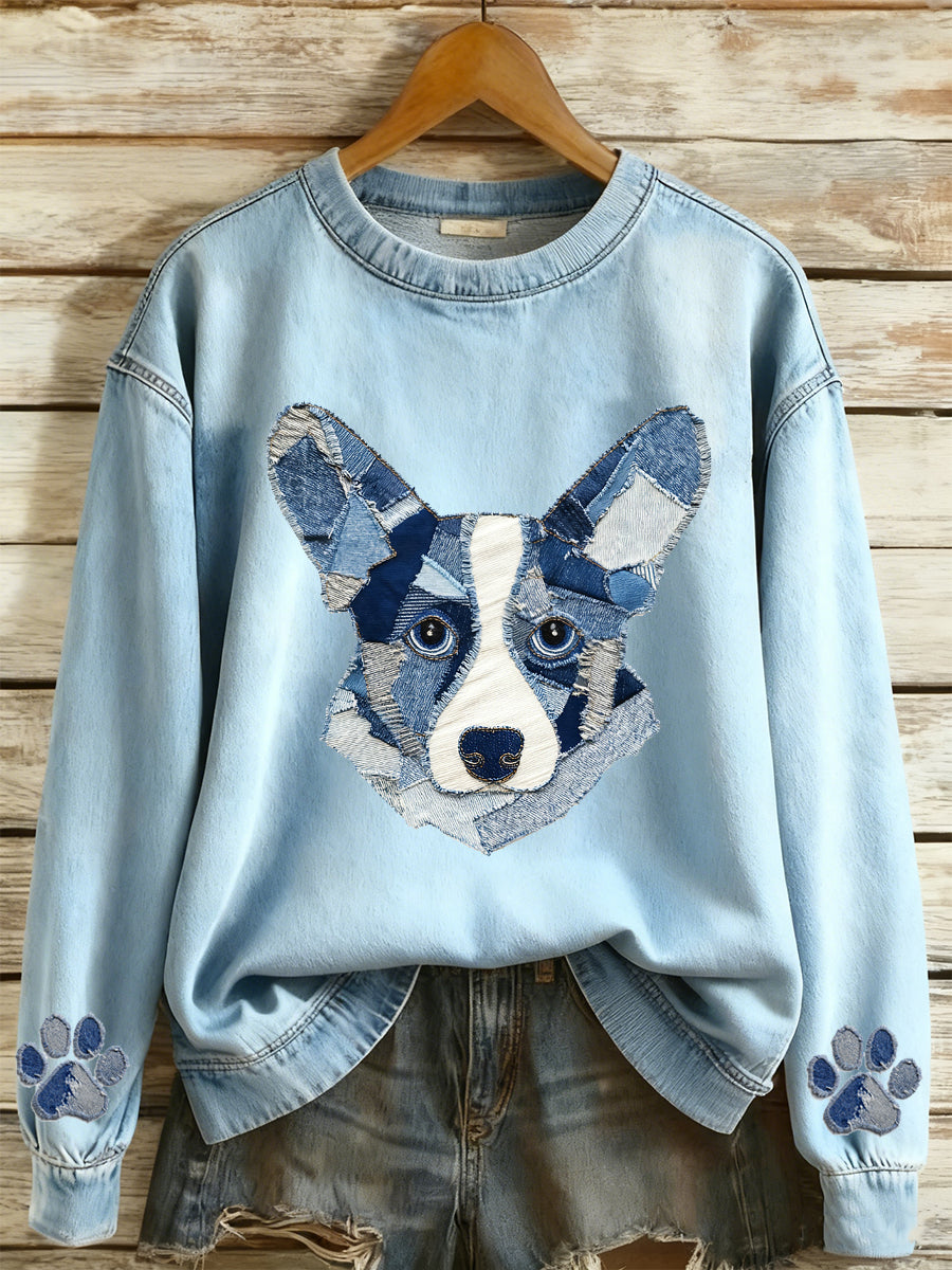 Kvinders Denim Animal Print Rund hals Lange ærmet Sweatshirt