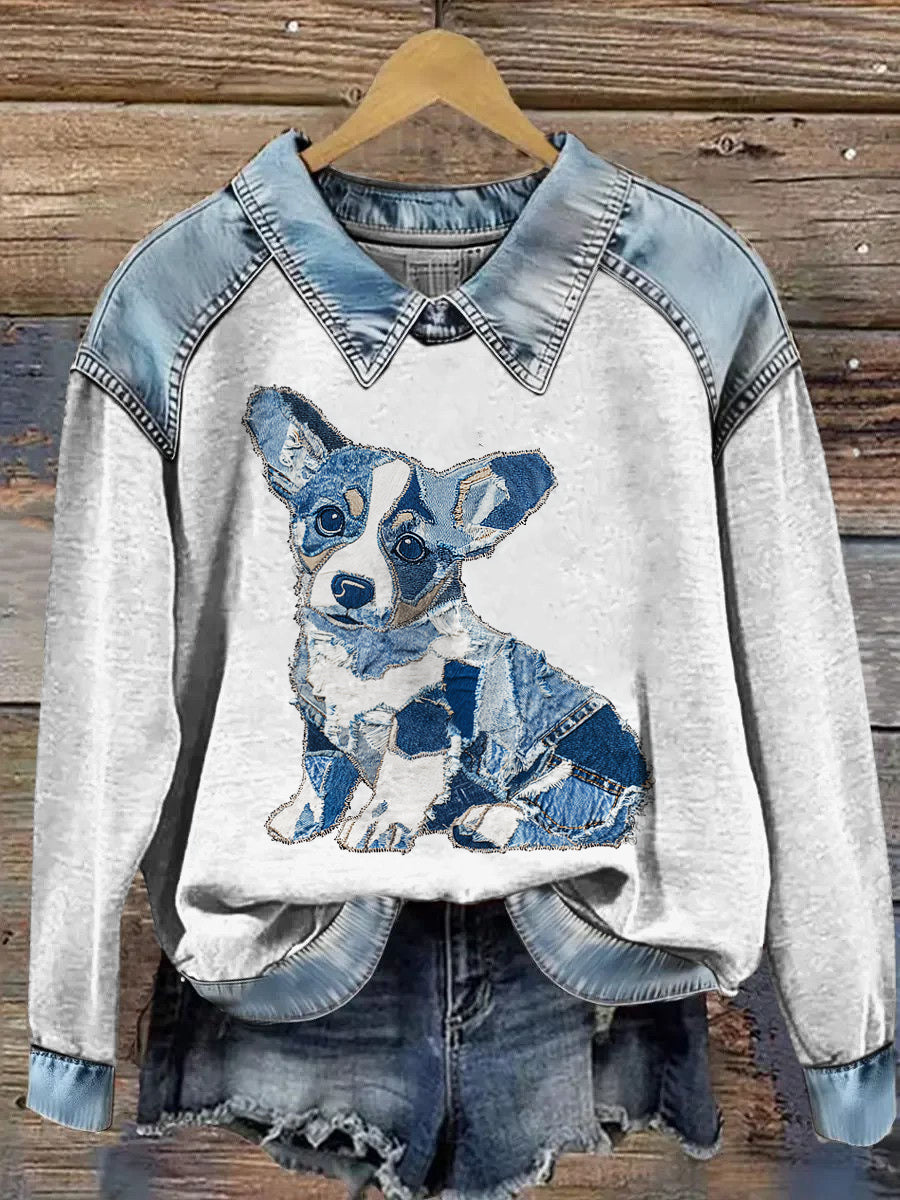 Kvinders dyr Print Patchwork Lapel Lang ærmet sweatshirt