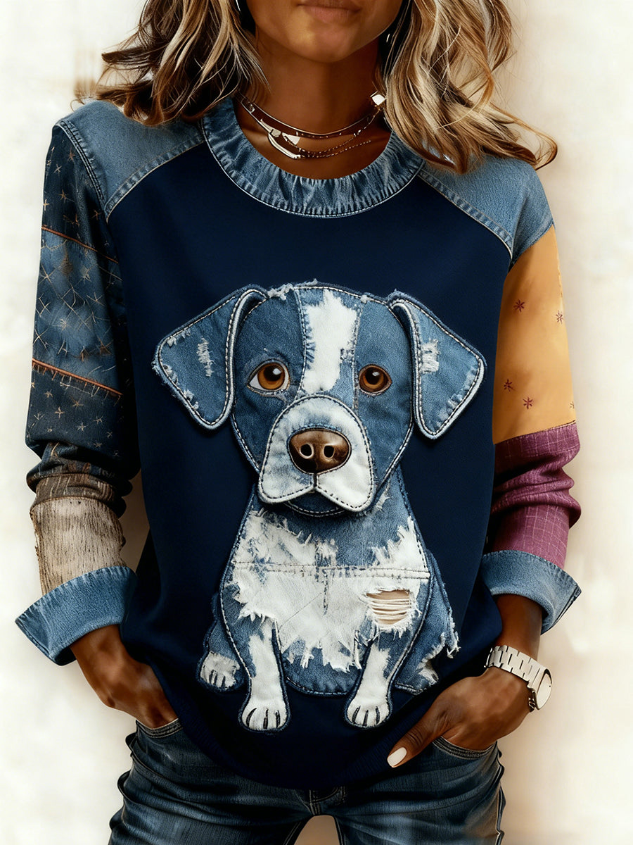 Kvinders Retro Animal Art Print Komfortable Denim Patchwork Sweatshirt