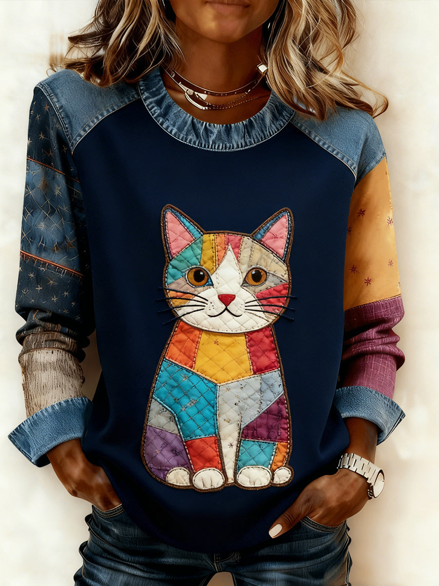 Kvinders Retro Animal Art Print Komfortable Denim Patchwork Sweatshirt