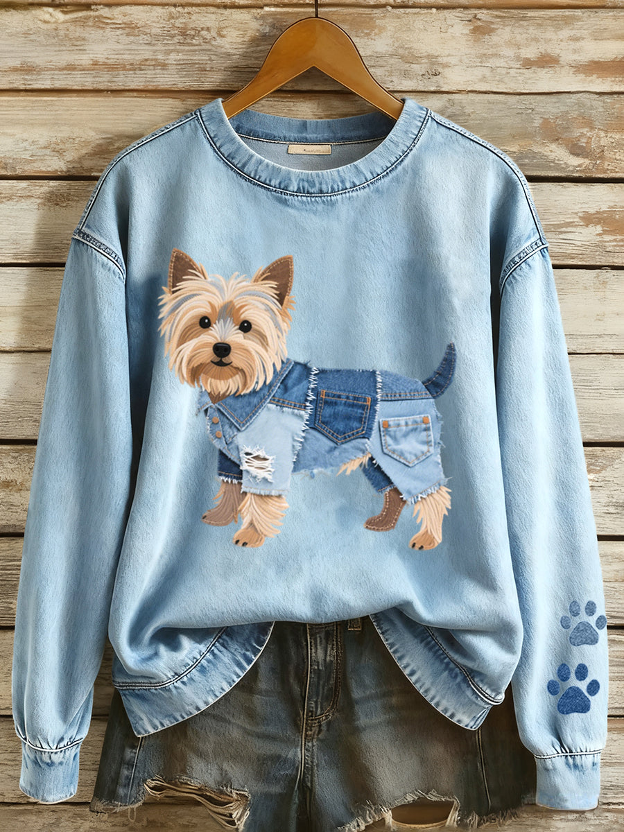 Kvinder Denim Patchwork Yorkshire Terrier Hund mønster sweatshirt