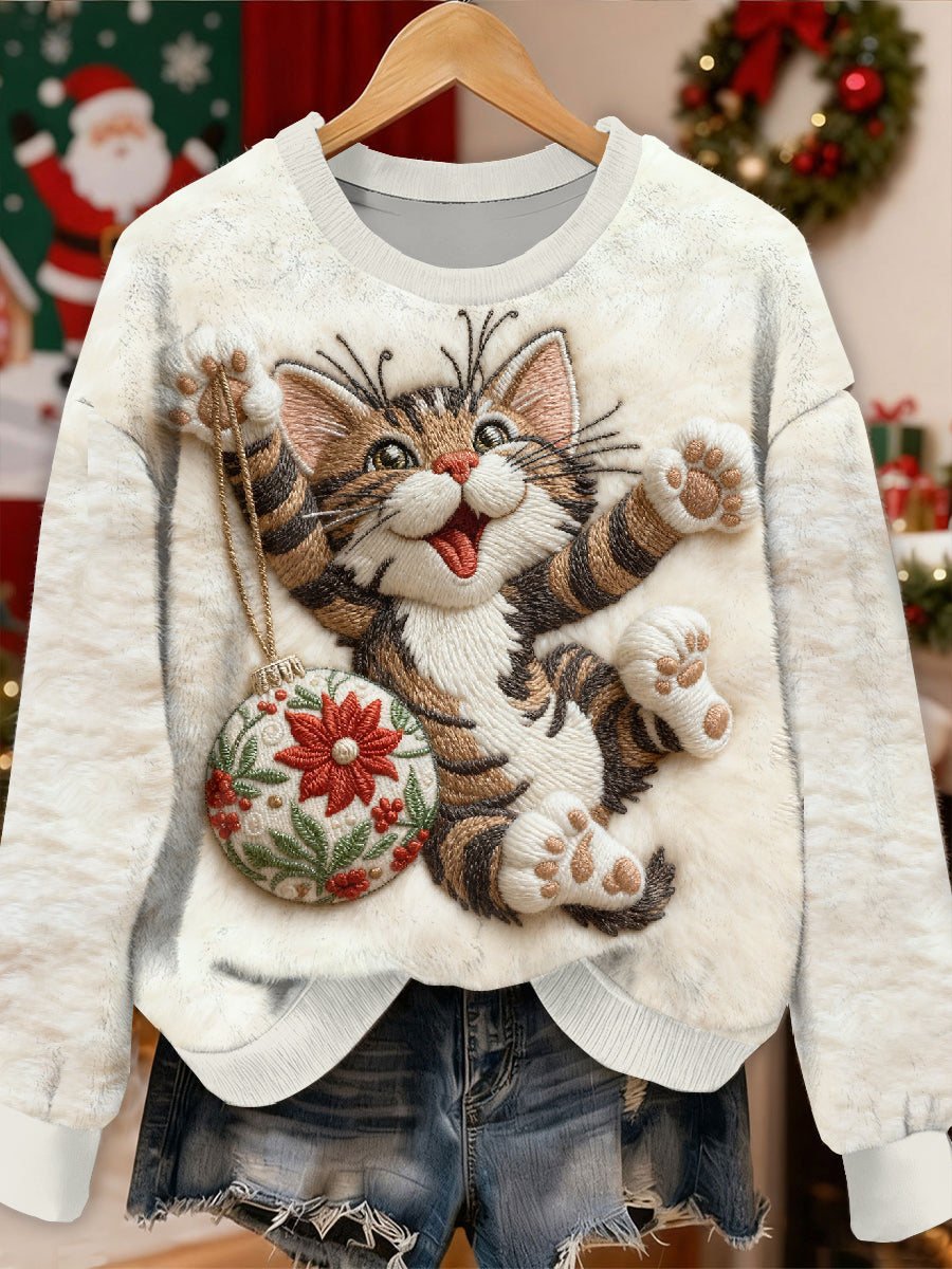 Gorgeous Christmas Cat Mønster Casual Lang ærmet Sweatshirt