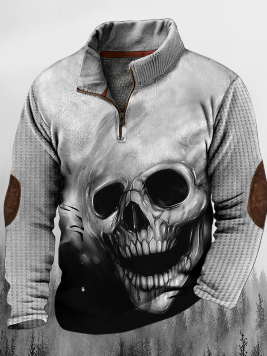 Mænds Retro punk skelet Print Lapel Walf Checks Splicing lynlås sweatshirt