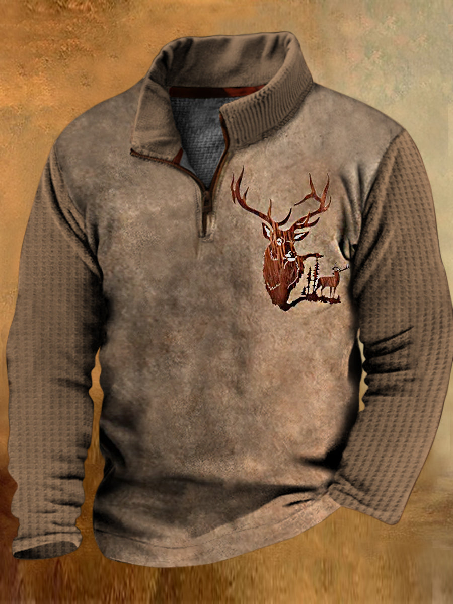 Mænds Vintage Classic Western Elk Print Lapel Walf Checks Splicing lynlås Sweatshirt