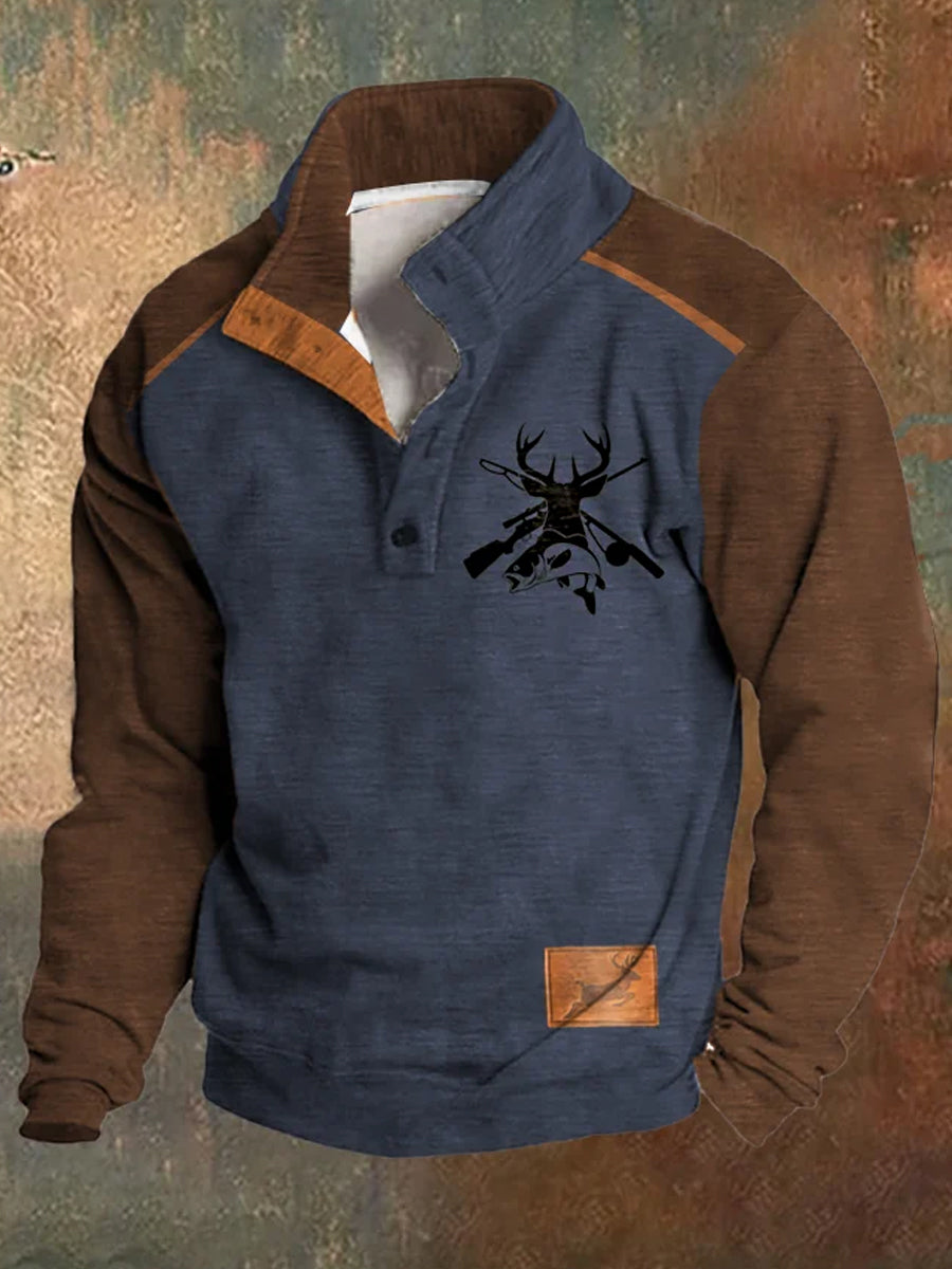Mænds jagt og fiskeri trykket stativ krave knap Flush udendørs sweatshirt