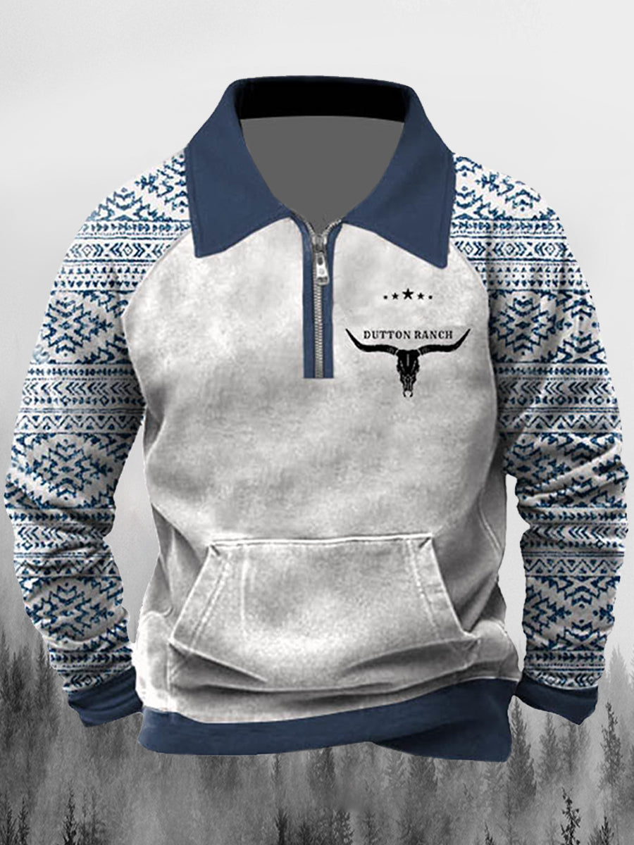 Mænds Vintage Western Cow Head Print Lapel Splicing lynlås Lange ærmer Sweatshirt