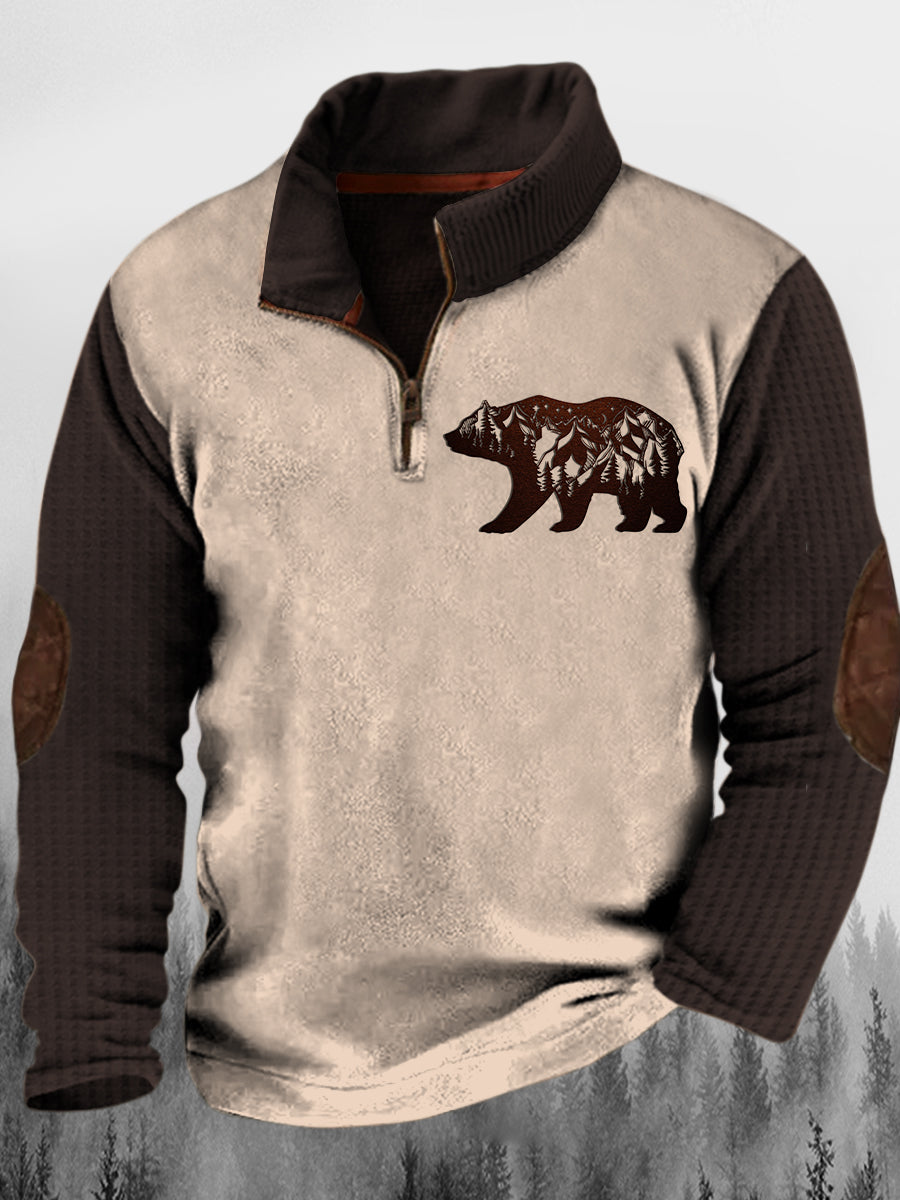 Mænds Western Brown Bear Wood Art Print Stand krave knap Flush udendørs sweatshirt