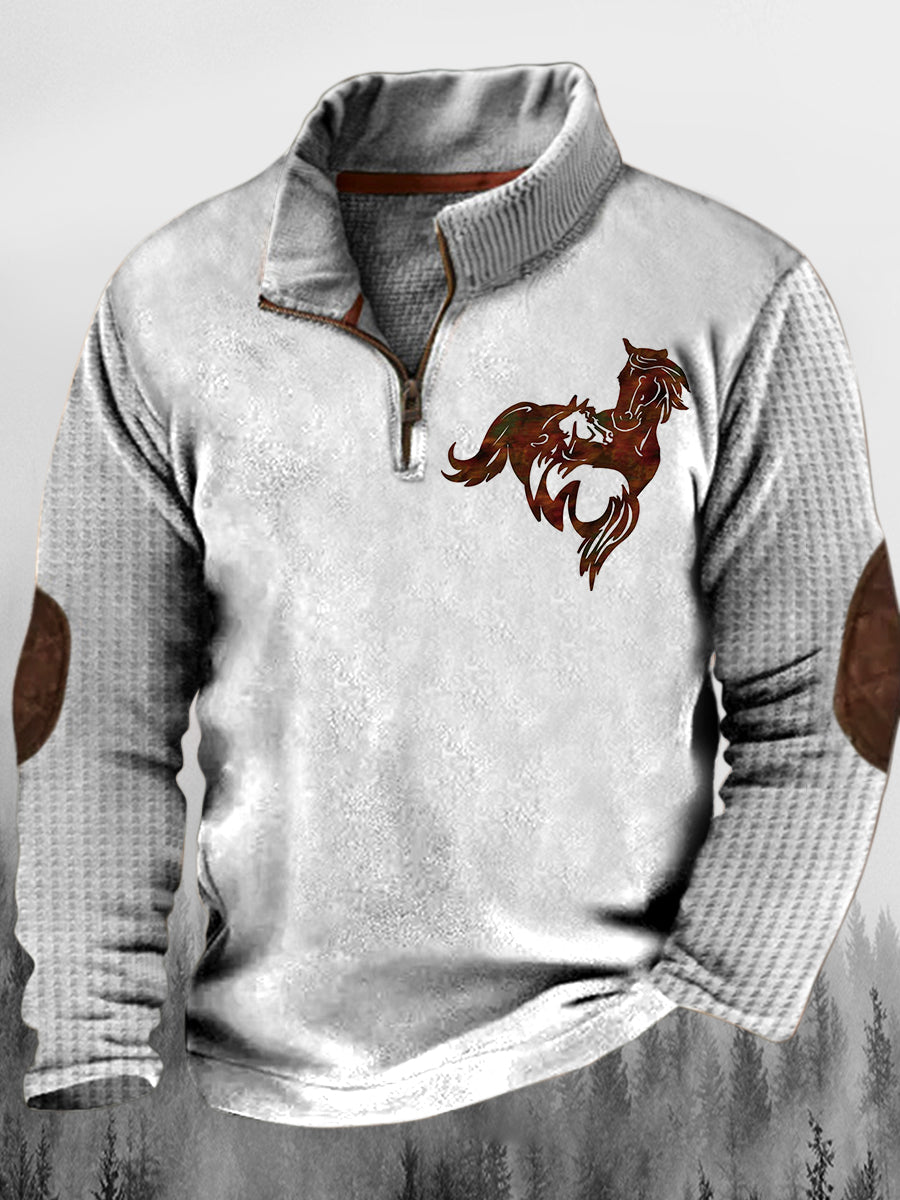 Mænds Vintage Hest træ Grain Print Stand krave knap Flush udendørs sweatshirt