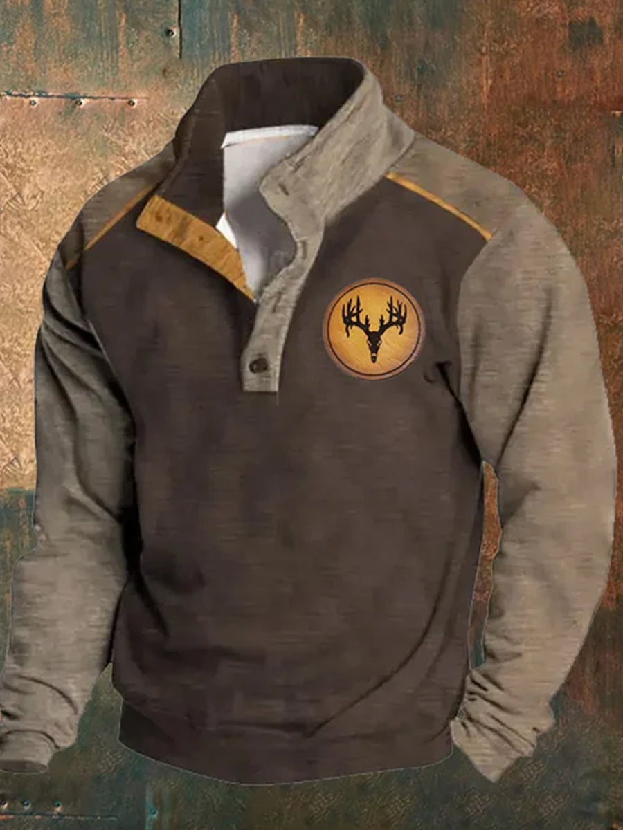 Mænds Retro Western Cow Printed Stand krave knap Flush udendørs sweatshirt