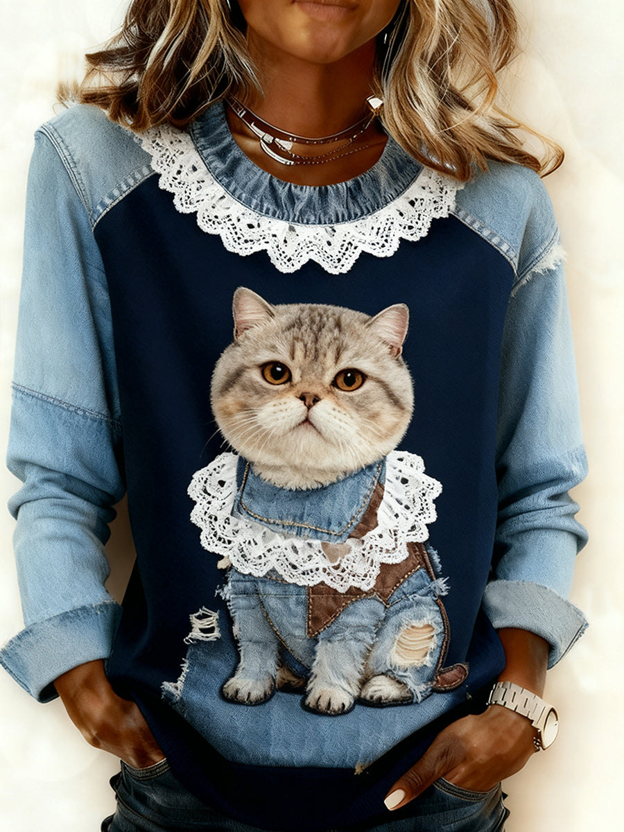 Kvinders Retro Animal Art Print Komfortable Denim Patchwork Sweatshirt