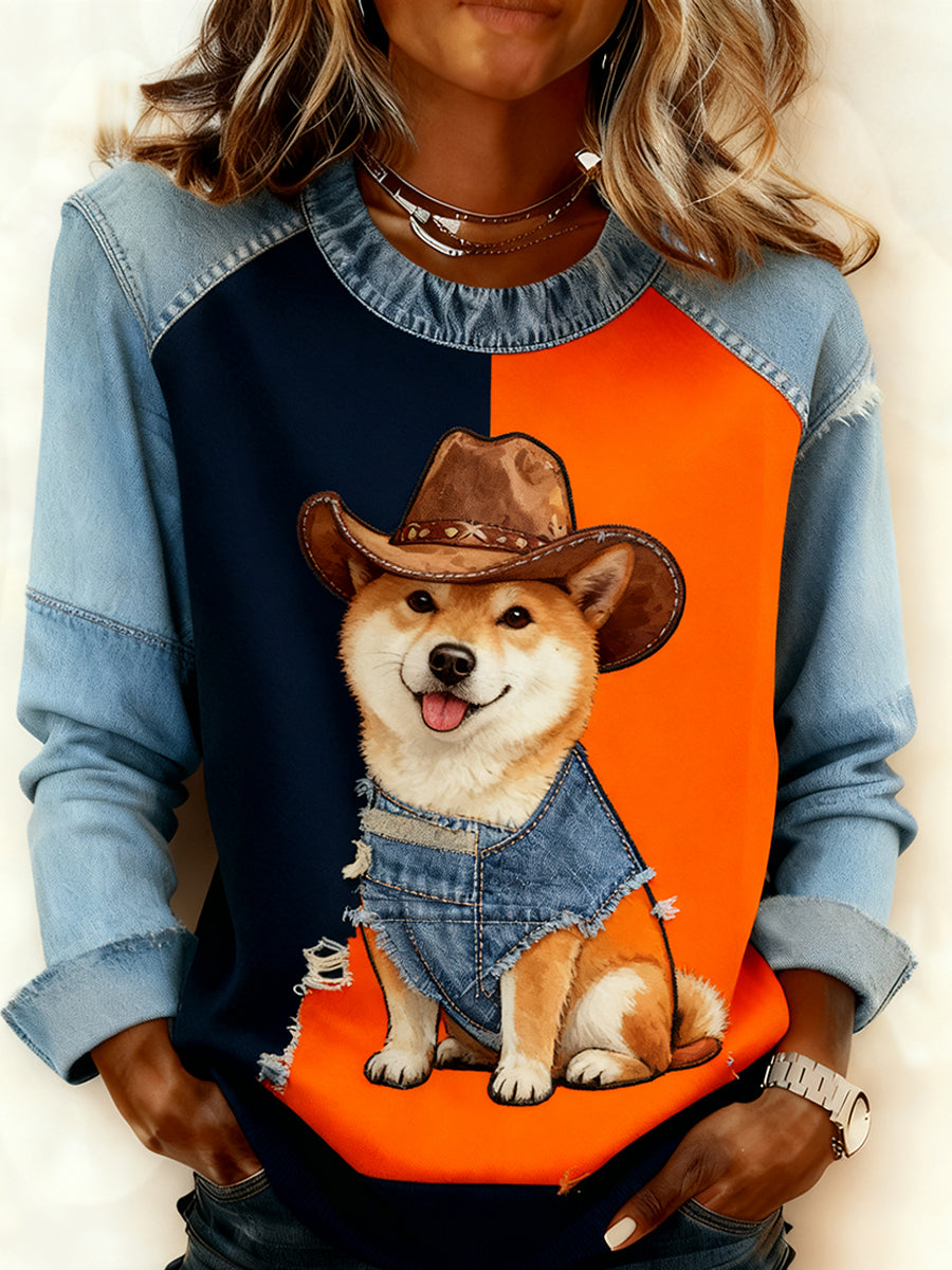 Kvinders Retro Animal Art Print Komfortable Denim Patchwork Sweatshirt