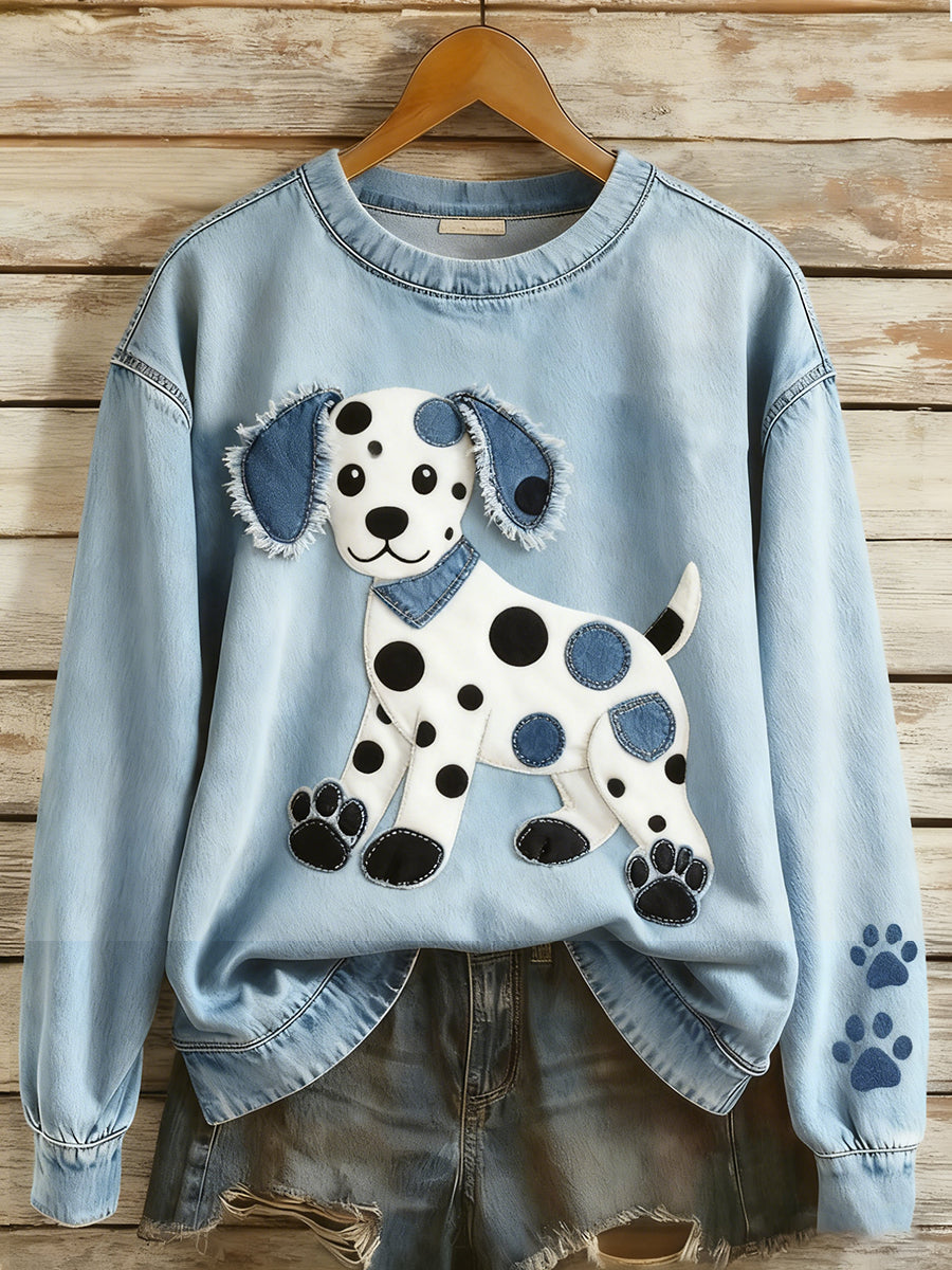 Kvinders Retro Denim Patchwork Animal Art Print Casual Comfort Langærme Sweatshirt