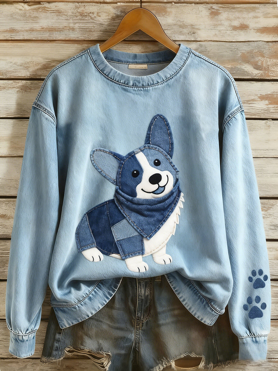 Kvinders Retro Denim Patchwork Animal Art Print Casual Comfort Langærme Sweatshirt
