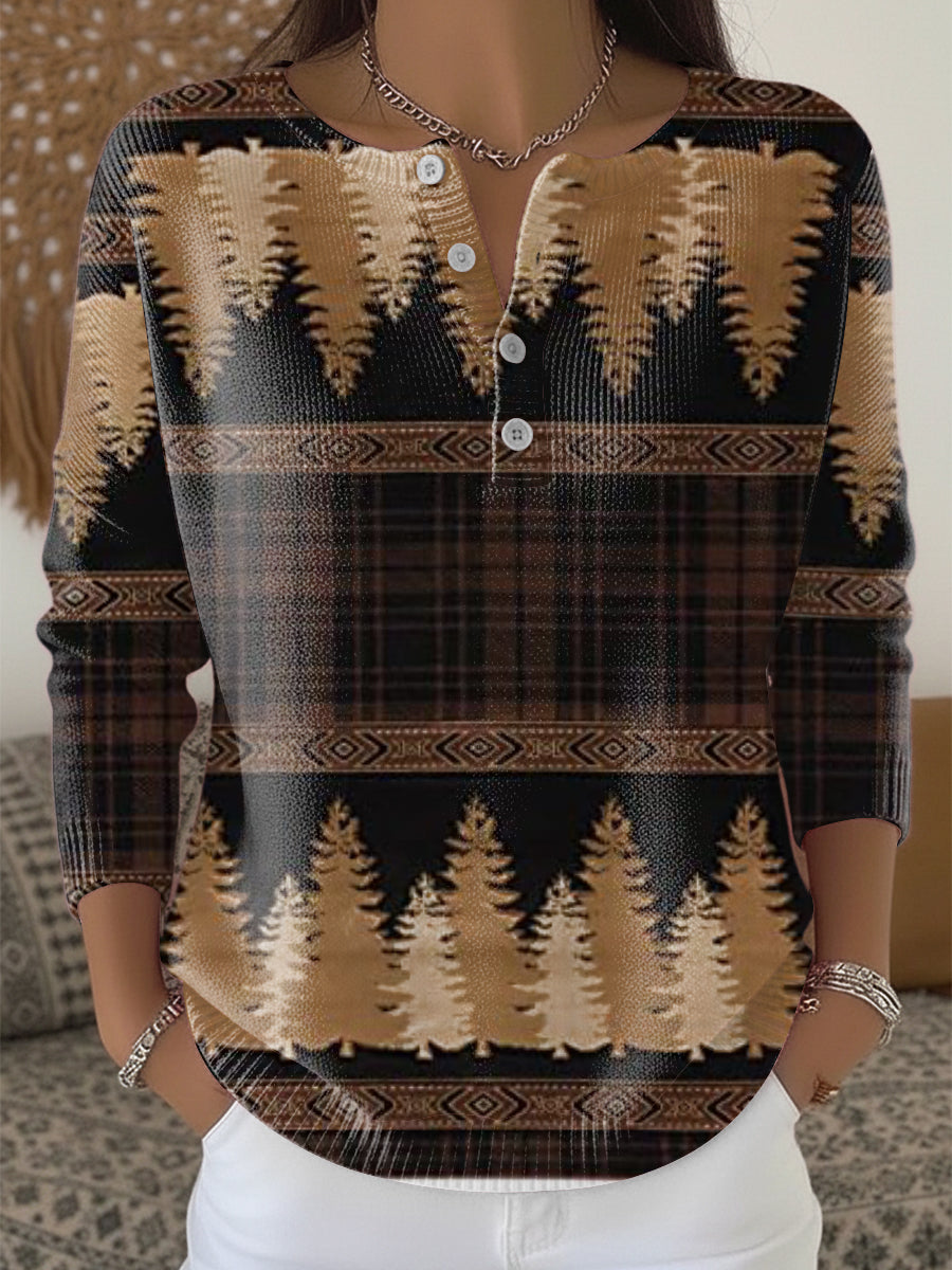 Kvinders rustic Plaid & Pine Tree Print Henley hals swee