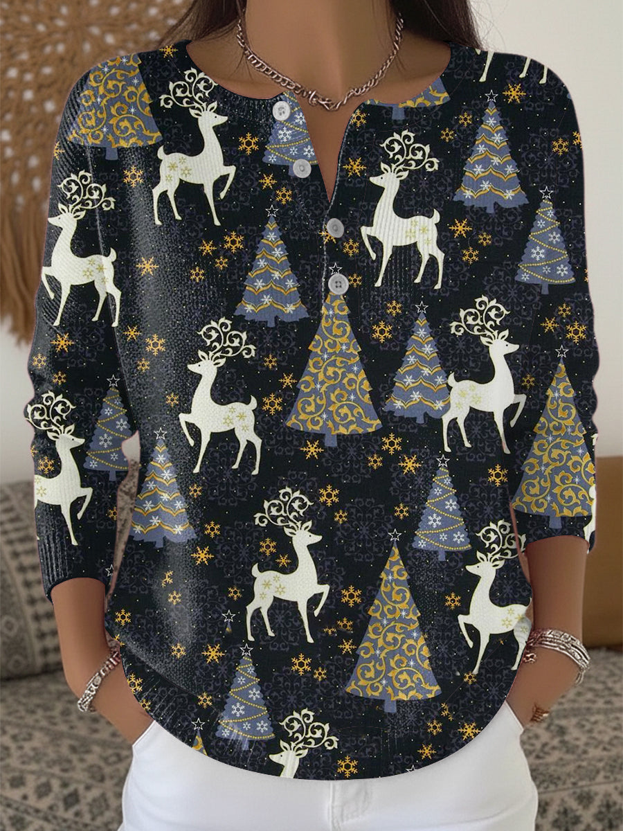 Kvinders Elegant mønstret rensdyr & træ Print Henley hals Sweater.